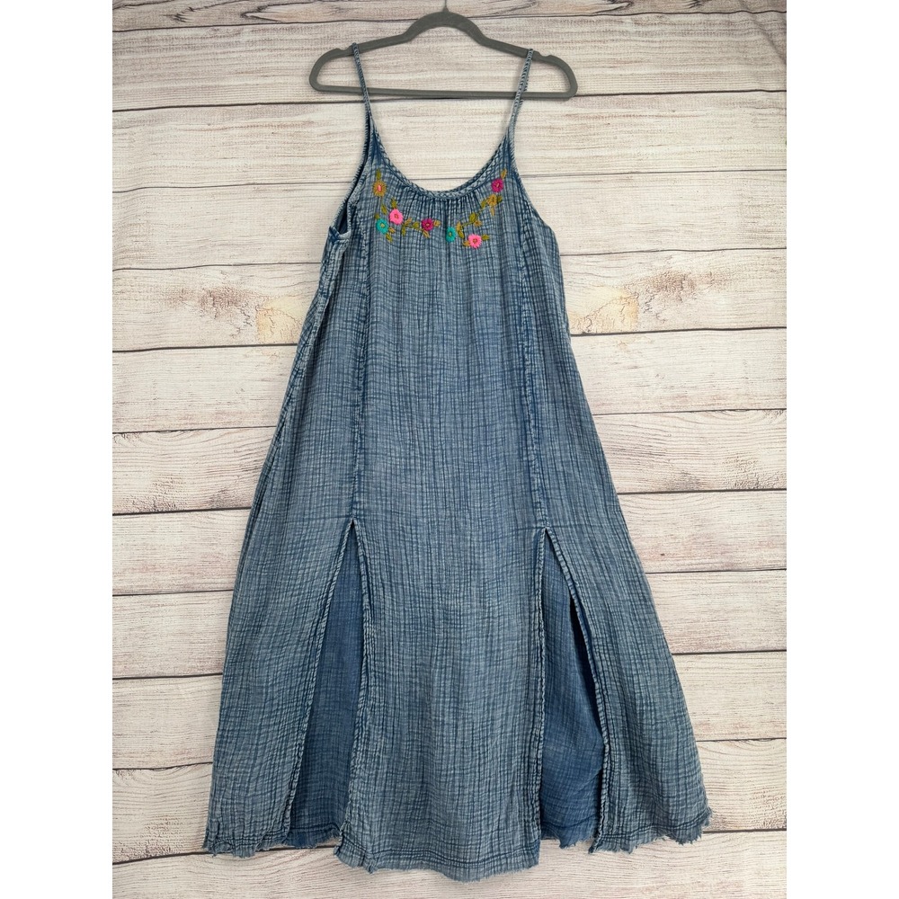 Natural Life Dress Womens XS/S Blue Gauze Floral Embroidered Boho Midi Slit